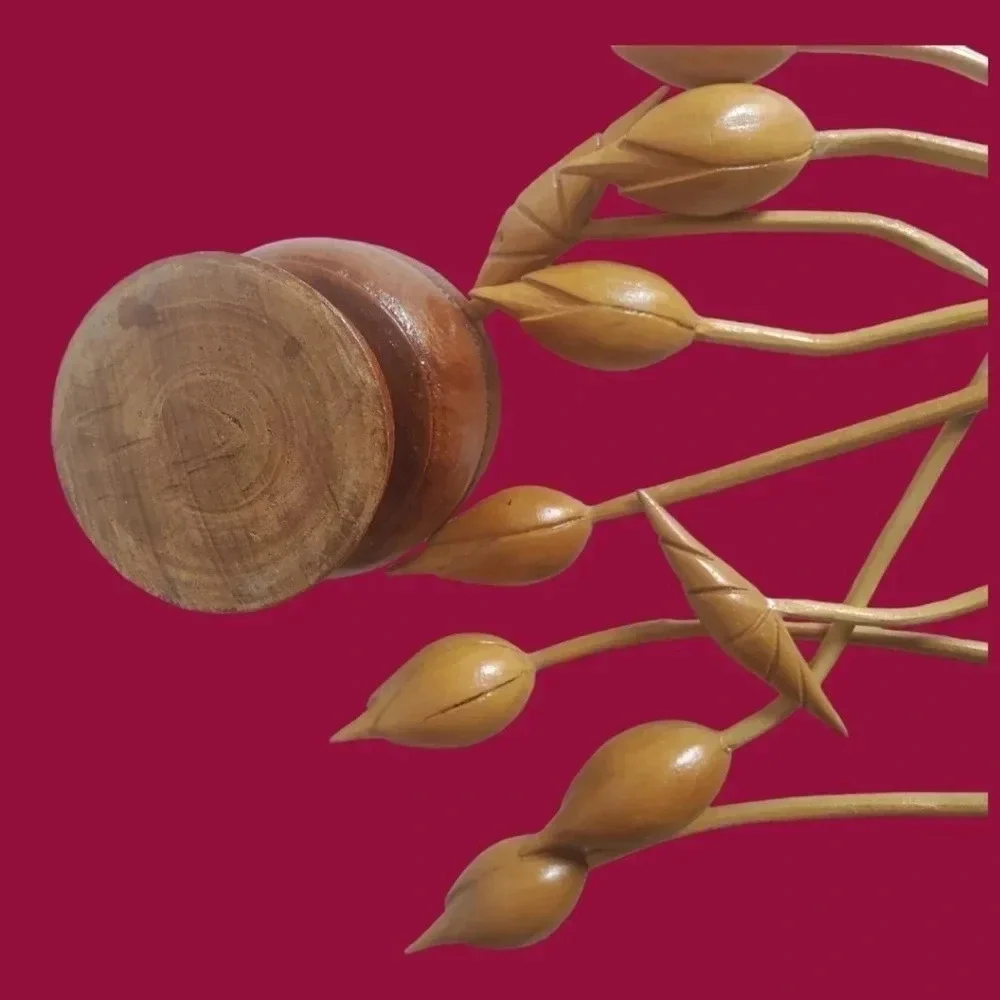 Mid century modern monkey pod wooden  floral arrangement